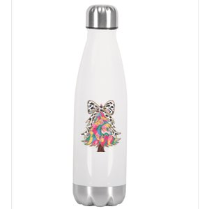 Colorful Coquette Bow Leopard Christmas Tree Stainless Steel Insulated Water Bottle