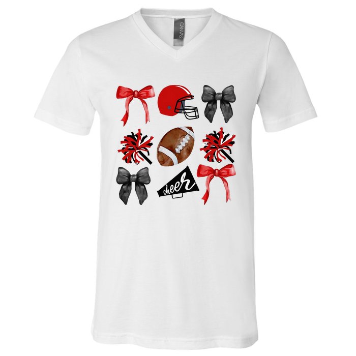 Cheer Coquette Bow American Football Autumn Thanksgiving V-Neck T-Shirt