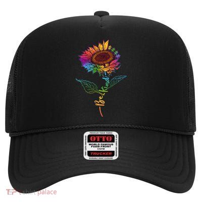 Cute Colorful Be Kind Rainbow Sunflower Puzzle Pieces High Crown Mesh Back Trucker Hat