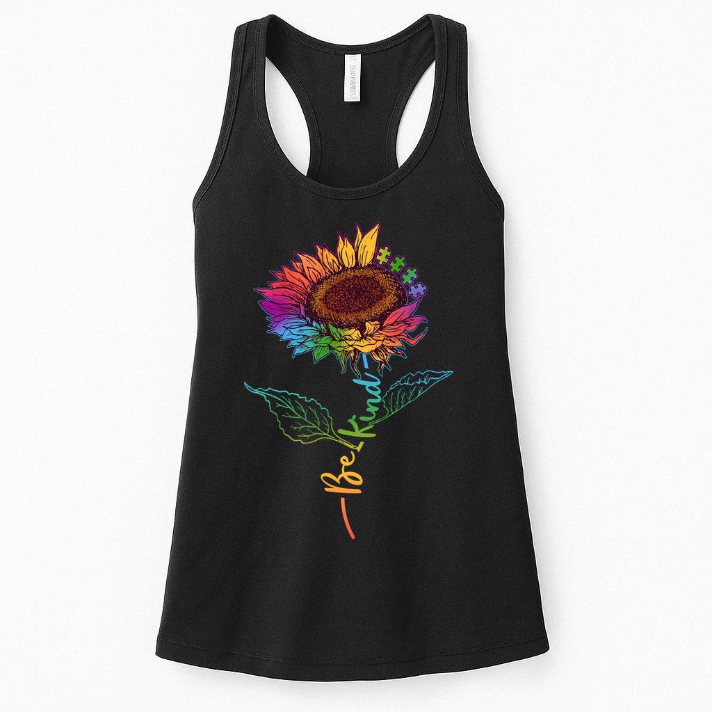 Cute Colorful Be Kind Rainbow Sunflower Puzzle Pieces Womens Tank Top