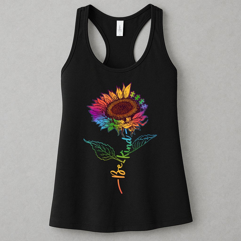 Cute Colorful Be Kind Rainbow Sunflower Puzzle Pieces Womens Tank Top