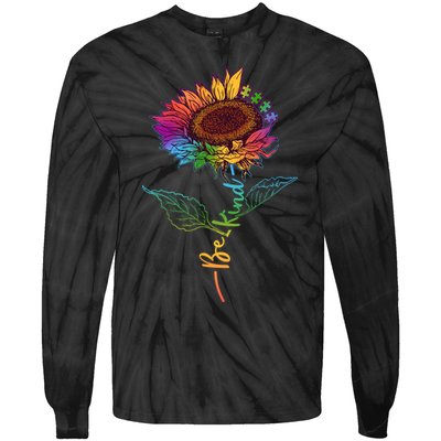 Cute Colorful Be Kind Rainbow Sunflower Puzzle Pieces Tie-Dye Long Sleeve Shirt
