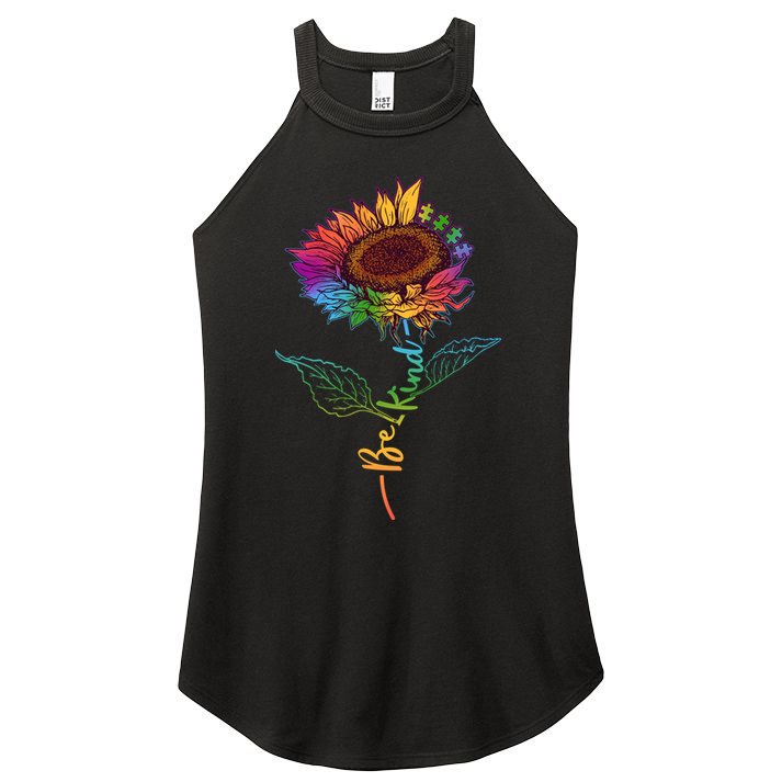 Cute Colorful Be Kind Rainbow Sunflower Puzzle Pieces Women's Perfect Tri Rocker Tank