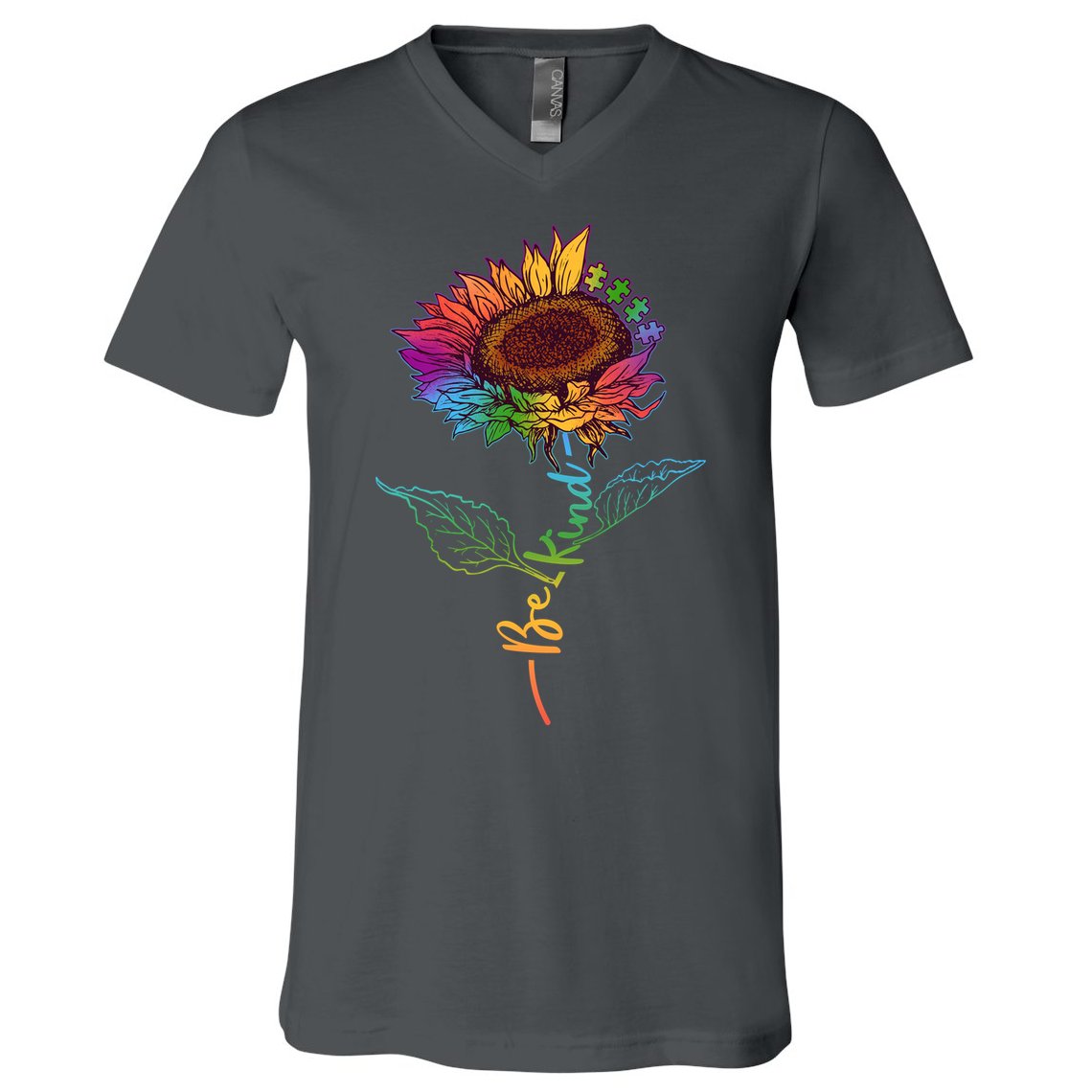 Cute Colorful Be Kind Rainbow Sunflower Puzzle Pieces V-Neck T-Shirt