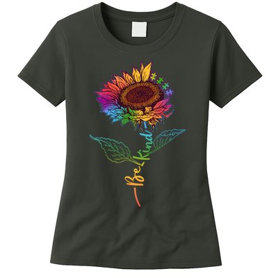 Cute Colorful Be Kind Rainbow Sunflower Puzzle Pieces Womens T-Shirt
