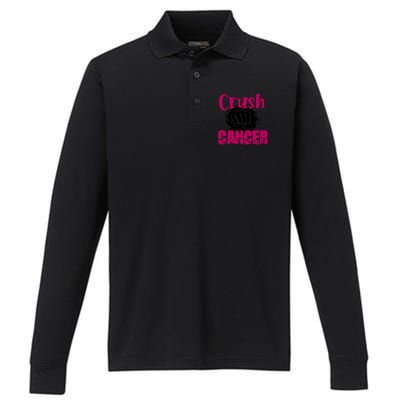 Crush Cancer Breast Cancer Awareness Pink Ribbon Gift Performance Long Sleeve Polo