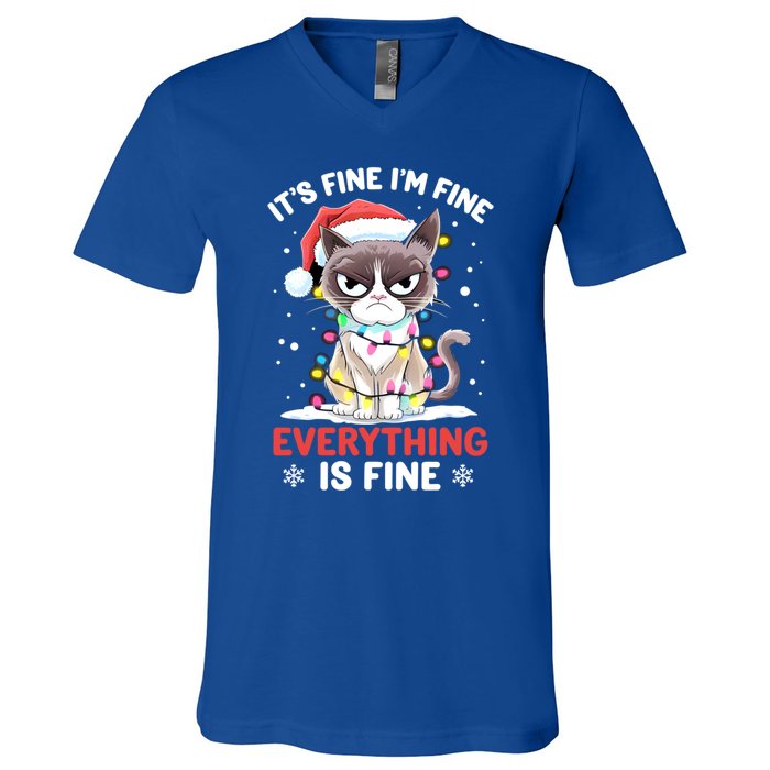 Christmas Cat Cute ItS Fine IM Fine Everything Is Fine Gift V-Neck T-Shirt