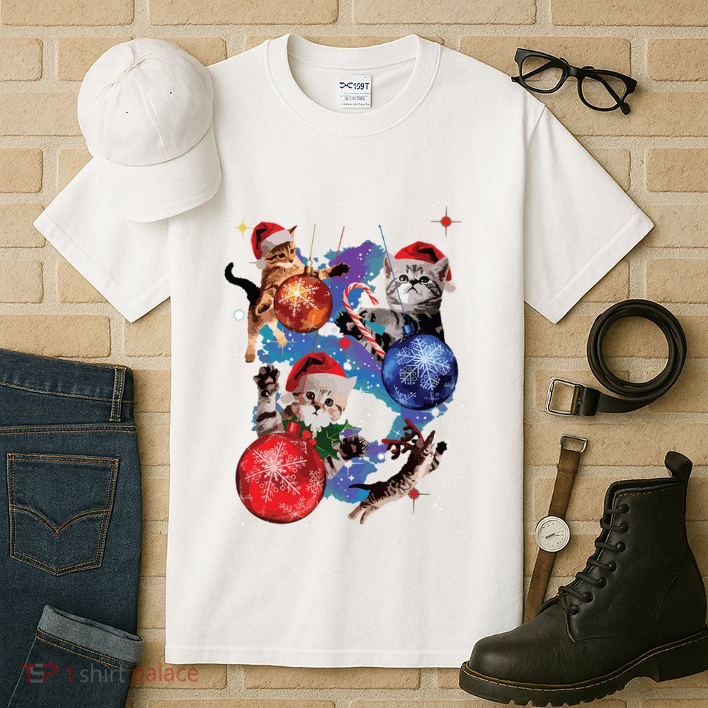 Cute Christmas Cats In Space Ornaments Graphic Tall T-Shirt