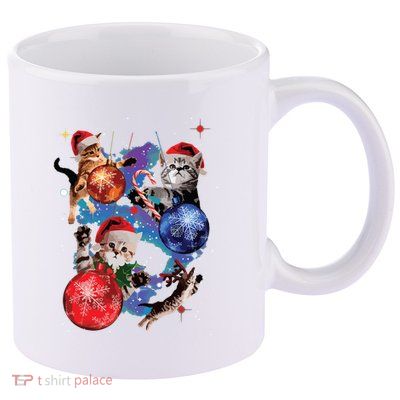 Cute Christmas Cats In Space Ornaments Graphic 11oz C Handle Ceramic Mug