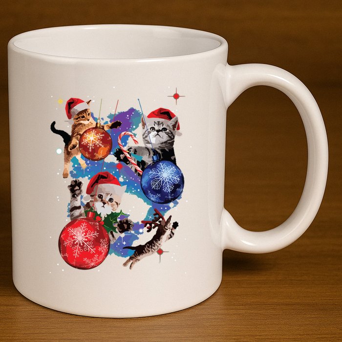 Cute Christmas Cats In Space Ornaments Graphic 11oz C Handle Ceramic Mug
