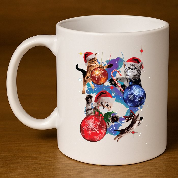 Cute Christmas Cats In Space Ornaments Graphic 11oz C Handle Ceramic Mug