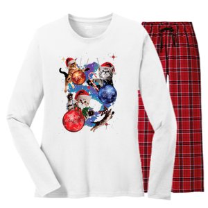 Cute Christmas Cats In Space Ornaments Graphic Women's Long Sleeve Flannel Pajama Set 