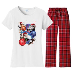 Cute Christmas Cats In Space Ornaments Graphic Women's Flannel Pajama Set