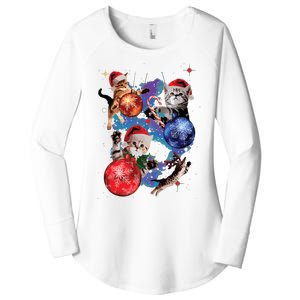 Cute Christmas Cats In Space Ornaments Graphic Women's Perfect Tri Tunic Long Sleeve Shirt