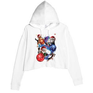 Cute Christmas Cats In Space Ornaments Graphic Crop Fleece Hoodie