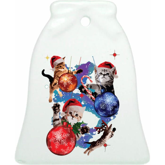 Cute Christmas Cats In Space Ornaments Graphic Ceramic Bell Ornament