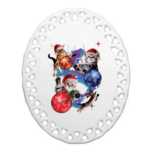 Cute Christmas Cats In Space Ornaments Graphic Ceramic Oval Ornament