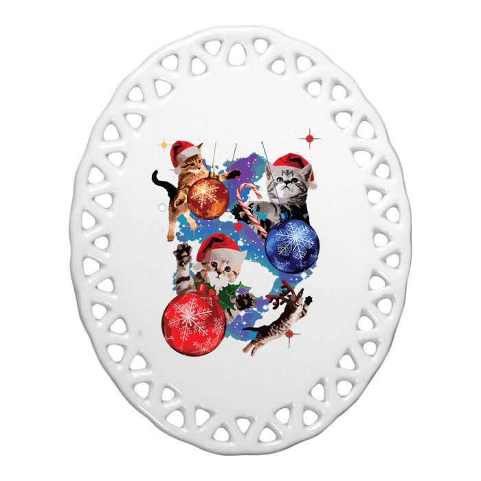 Cute Christmas Cats In Space Ornaments Graphic Ceramic Oval Ornament