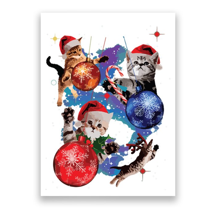 Cute Christmas Cats In Space Ornaments Graphic Poster