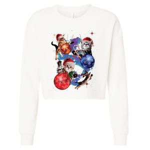 Cute Christmas Cats In Space Ornaments Graphic Cropped Pullover Crew