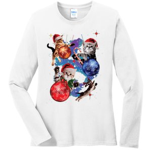 Cute Christmas Cats In Space Ornaments Graphic Ladies Long Sleeve Shirt