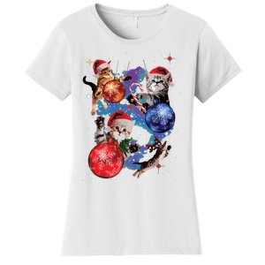 Cute Christmas Cats In Space Ornaments Graphic Women's T-Shirt