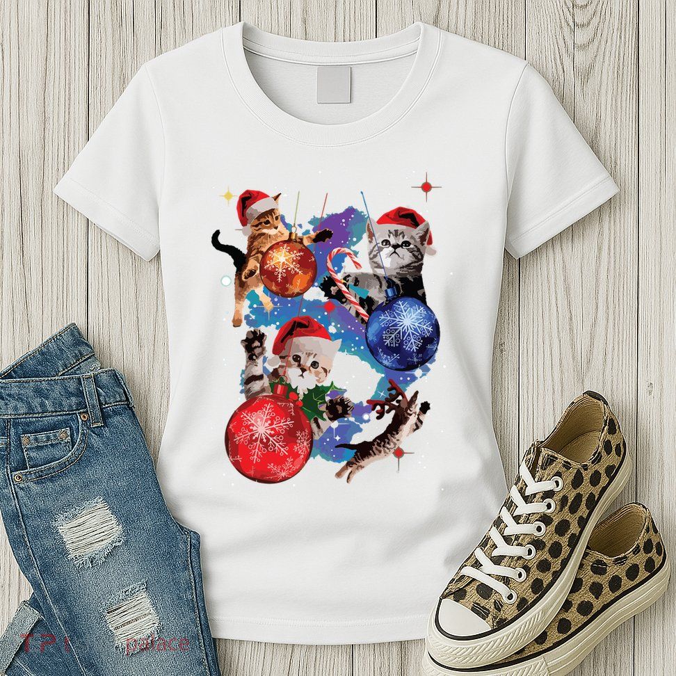 Cute Christmas Cats In Space Ornaments Graphic Womens T-Shirt