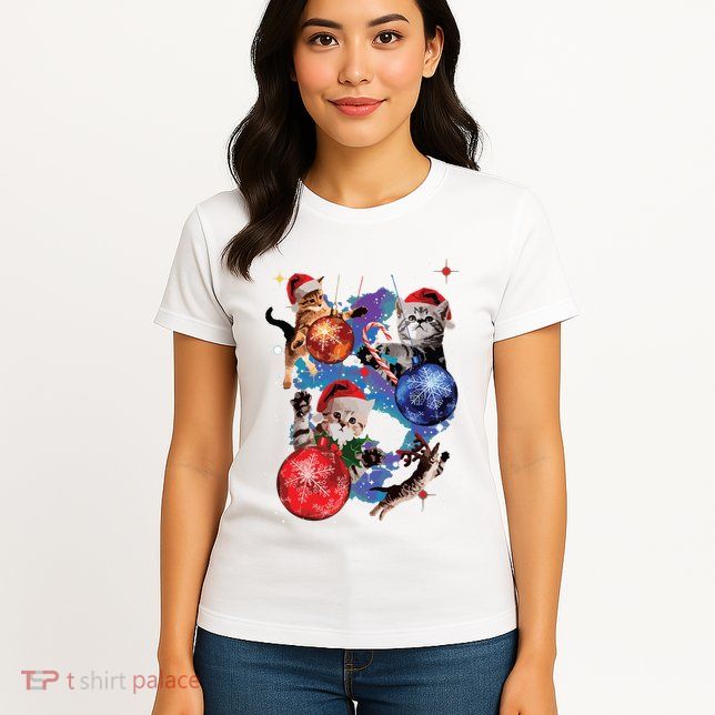 Cute Christmas Cats In Space Ornaments Graphic Womens T-Shirt