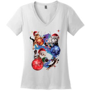 Cute Christmas Cats In Space Ornaments Graphic Women's V-Neck T-Shirt