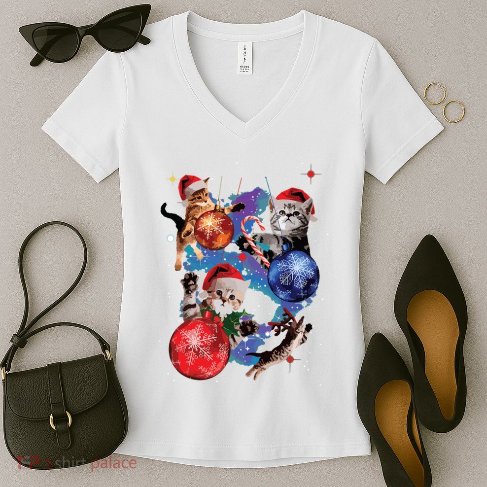 Cute Christmas Cats In Space Ornaments Graphic Women's V-Neck T-Shirt