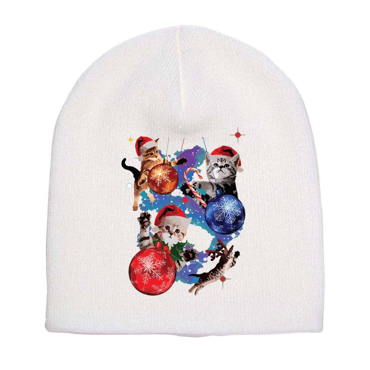 Cute Christmas Cats In Space Ornaments Graphic Short Acrylic Beanie