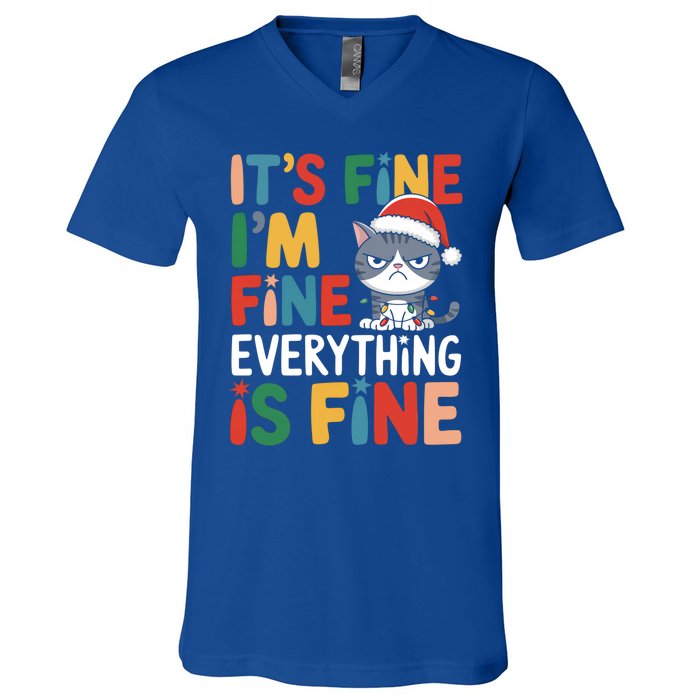 Christmas Cat Cute ItS Fine IM Fine Everything Is Fine Gift V-Neck T-Shirt