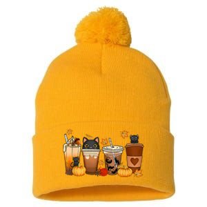 Cat Coffee Cat Mom Funny Halloween Pom Pom 12in Knit Beanie