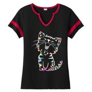 Cute Cat Christmas Lights Funny Xmas Ladies Halftime Notch Neck Tee