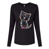 Cute Cat Christmas Lights Funny Xmas Womens Cotton Relaxed Long Sleeve T-Shirt