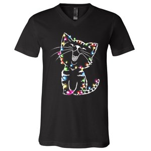 Cute Cat Christmas Lights Funny Xmas V-Neck T-Shirt