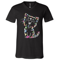 Cute Cat Christmas Lights Funny Xmas V-Neck T-Shirt