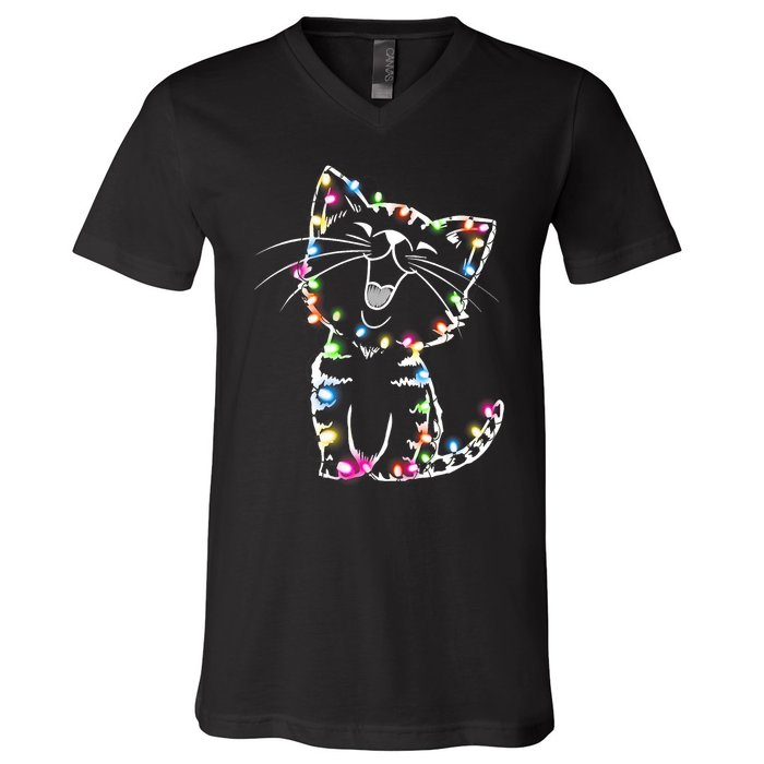 Cute Cat Christmas Lights Funny Xmas V-Neck T-Shirt