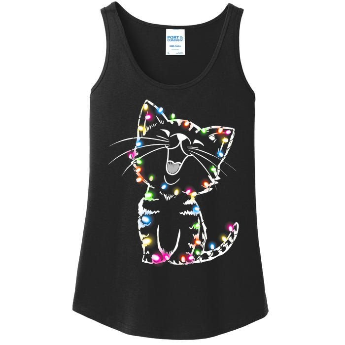 Cute Cat Christmas Lights Funny Xmas Ladies Essential Tank