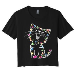 Cute Cat Christmas Lights Funny Xmas Women's Crop Top Tee