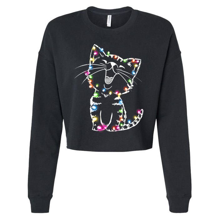 Cute Cat Christmas Lights Funny Xmas Cropped Pullover Crew