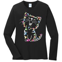 Cute Cat Christmas Lights Funny Xmas Ladies Long Sleeve Shirt