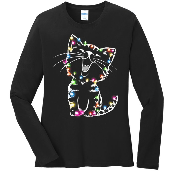 Cute Cat Christmas Lights Funny Xmas Ladies Long Sleeve Shirt