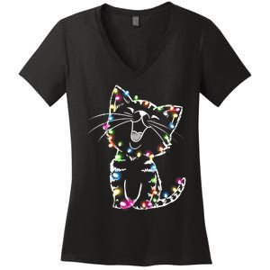 Cute Cat Christmas Lights Funny Xmas Women's V-Neck T-Shirt