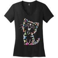 Cute Cat Christmas Lights Funny Xmas Women's V-Neck T-Shirt