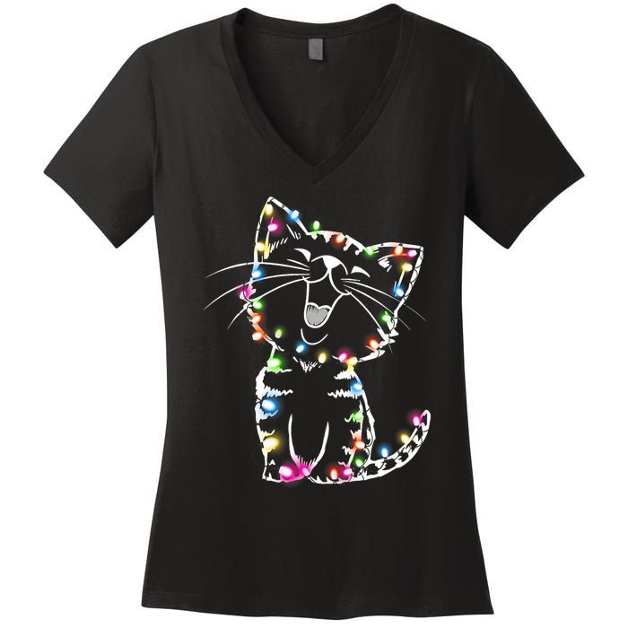 Cute Cat Christmas Lights Funny Xmas Women's V-Neck T-Shirt