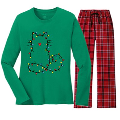 Cute Cat Christmas Light Graphic Cat Black Xmas Holiday Gift Women's Long Sleeve Flannel Pajama Set 