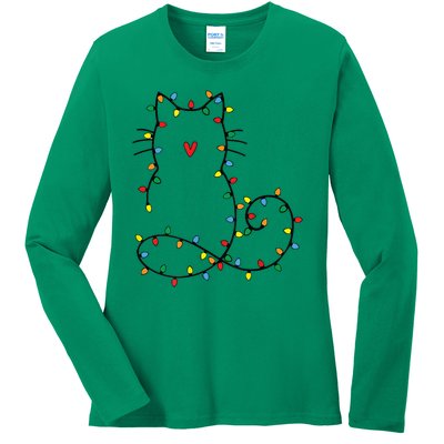 Cute Cat Christmas Light Graphic Cat Black Xmas Holiday Gift Ladies Long Sleeve Shirt