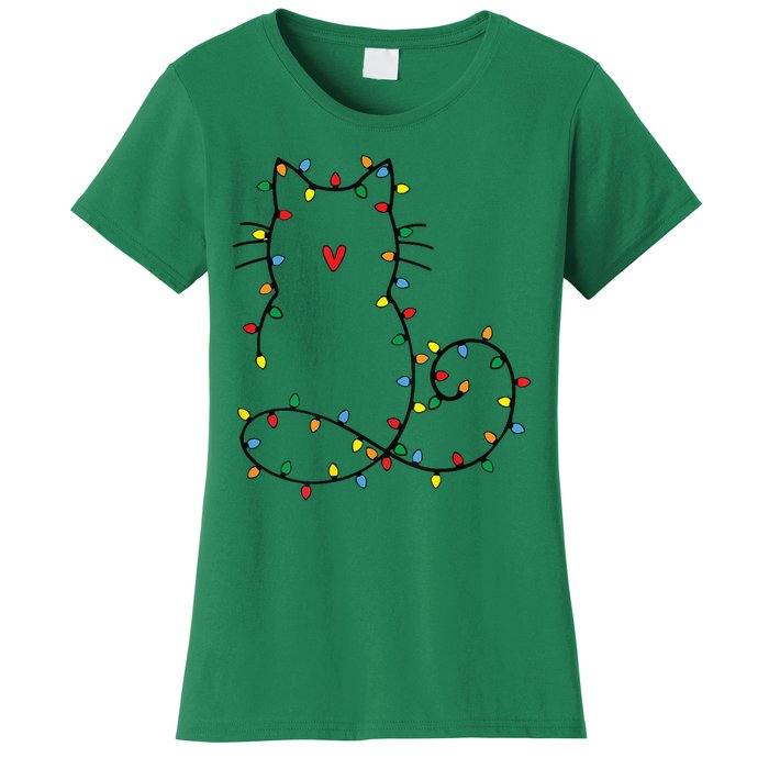 Cute Cat Christmas Light Graphic Cat Black Xmas Holiday Gift Women's T-Shirt