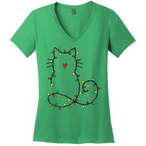 Cute Cat Christmas Light Graphic Cat Black Xmas Holiday Gift Women's V-Neck T-Shirt